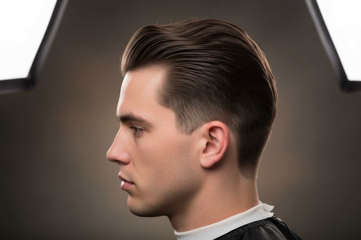 A classic men's haircut that emphasizes clean lines and timeless style without fading techniques. 