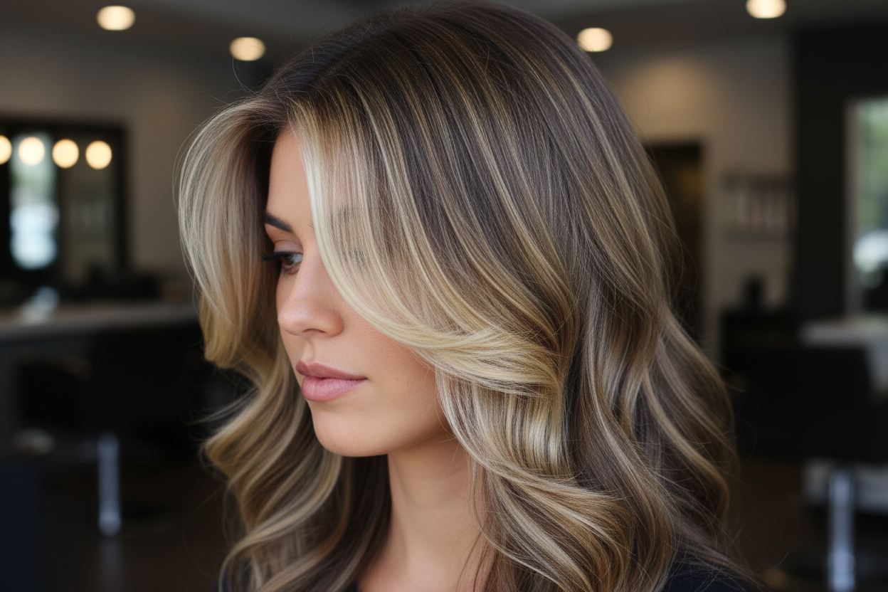 Dimensional look with dark chucky lowlights and beautiful blonde highlights with money piece